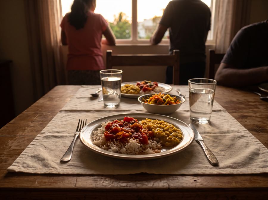 A home-cooked plate of rice, rougaille and dhall laid on a family dining table
