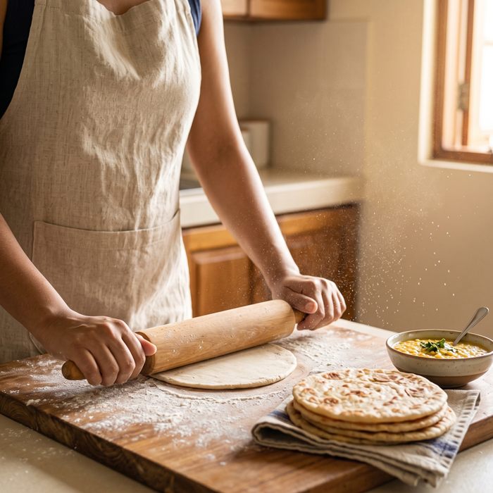 Hands rolling out a faratha on a floured wooden board beside a stack of farathas and a bowl of dhal